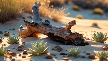 Desert Scene with Succulents, Driftwood, and Warm Sunlight on Sand photo