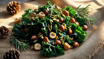 Preparing Nutritious Kale Salad with Hazelnuts and Sunflower Seeds photo