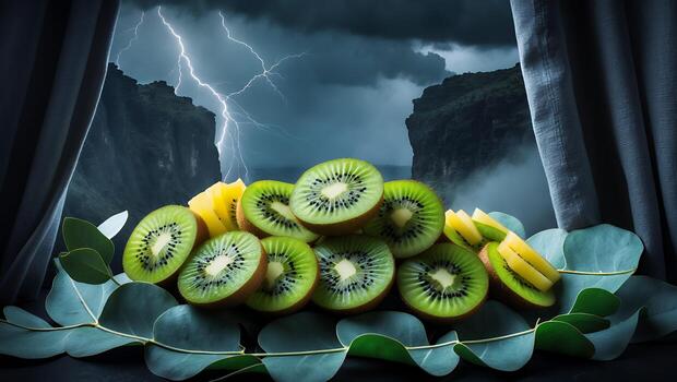 Kiwi Slices Arrangement on Leaves with Mountain Thunderstorm Backdrop photo