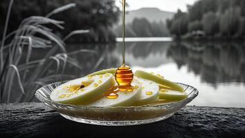 Pouring Honey on Apple Slices with Lakeside Black and White Background photo