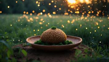 Loaf with Sesame Seeds on Plate in Field with Bokeh Lights photo