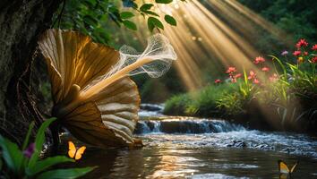 Sun Rays Streaming Through Forest with River Flower and Butterfly photo