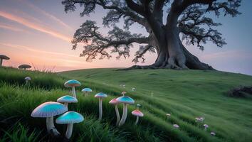 Mushroom Meadow with Large Tree Silhouette at Dusk Peaceful Landscape photo
