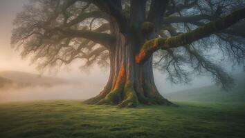 Majestic Oak Tree Stands Tall in a Foggy Green Field Landscape photo
