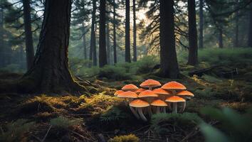 Group of Orange Mushrooms Growing in a Forest with Sunlight photo