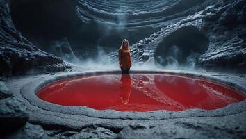 Woman Standing in Red Liquid Pool Inside a Dark Mysterious Cave photo