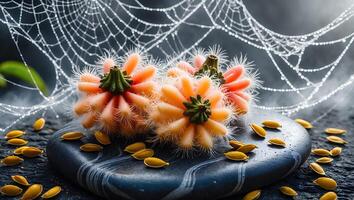 Festive Peach Pumpkins on Stone with Seeds and Dewy Web photo