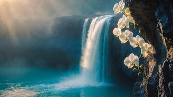 Dramatic Waterfall Scene with Flowers on Cliffside and Misty Light photo