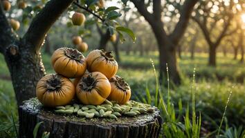 Arrangement of Persimmons and Seeds on Tree Stump in Orchard photo