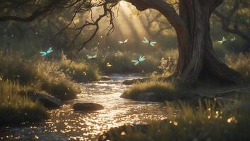 Dragonflies Flying Over Small River in Forest with Sun Rays photo
