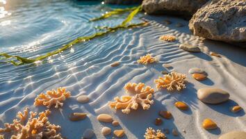 Coral and Pebbles on the Beach with Gentle Waves and Sunlight photo