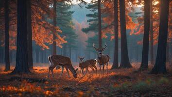 Deer Family Grazing in Autumn Forest with Warm Sunlight photo