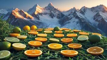 Citrus Fruit Slices Arranged on Vine Surface with Mountain Backdrop photo