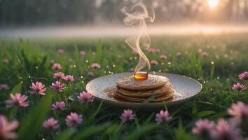 Stack of Pancakes with Maple Syrup Steaming in a Flower Field photo