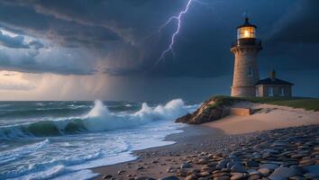 Lighthouse Stands Tall As Storm Rolls in with Lightning Strike photo