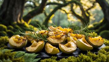 Sliced Grilled Fruit with Rosemary in Enchanted Forest Setting Display photo
