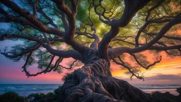 Majestic Old Tree Overlooking Beach at Sunset with Colorful Sky photo
