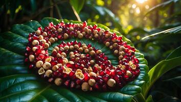 Arrangement of Pomegranate Seeds and Fruit on Large Green Leaf photo