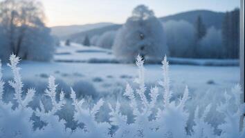 Frosty Window View of Snowy Landscape with Trees and Hills photo
