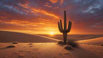 Desert Cactus Silhouette Against Vibrant Sunset with Rolling Sand Dunes photo