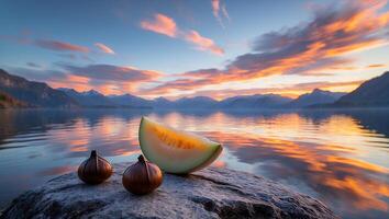 Melon Slice and Onions by Lake at Sunset Reflecting Colorful Sky photo