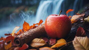 Red Apple and Autumn Leaves Waterfall Backdrop Fall Seasonal Still photo