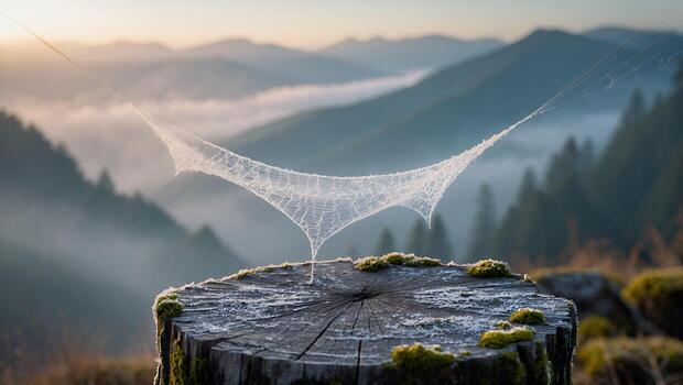 Intricate Spiderweb Adorned with Frost on Tree Stump Landscape photo