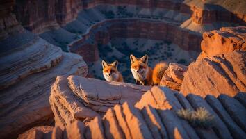 Two Foxes Overlooking the Canyon Landscape During Warm Sunset Light photo