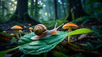 Snail Crawling on Wet Leaf in Forest with Mushrooms photo