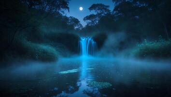 Water Falling Into Calm Lake Under Moonlight in Misty Forest photo