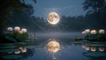 Moon in Spiderweb Over Pond with Lily Pads at Dusk photo