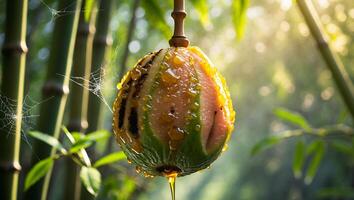 Hanging Fruit Covered in Drops with Bamboo and Natural Light photo