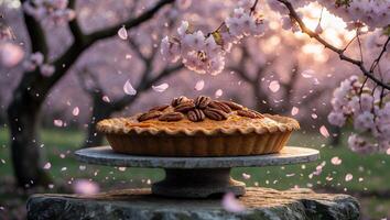 Delicious Homemade Pie with Pecans Displayed Under Pink Blossom Trees photo