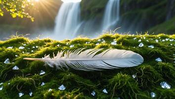 Feather Resting on Mossy Surface Near Flowing Waterfall with Sunlight photo
