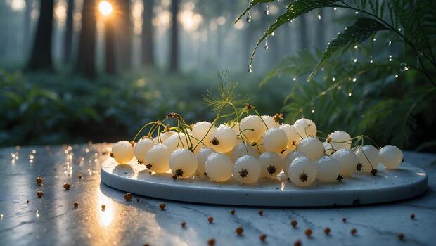 Arrangement of White Currants on Marble Slab in Forest Setting photo