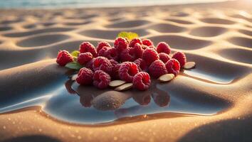 Pile of Raspberries with Leaf and Seeds on Wet Sand photo