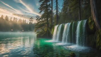Cascading Waterfall Flows Into Tranquil Lake Surrounded by Forest photo