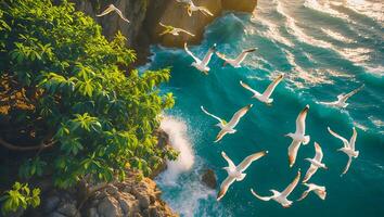 Seagulls Soaring Over Coastal Cliff and Ocean Waves at Sunset photo