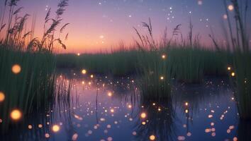 Tall Grass Reflecting Golden Light in a Quiet Pond at Dusk photo