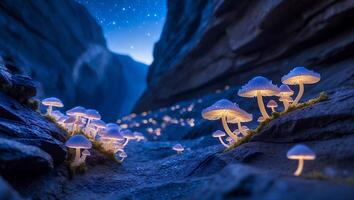 Glowing Mushrooms in Stone Valley Under Starry Sky Creating Magic photo