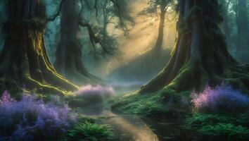 Sunlight Streaming Through Mystical Forest with Water and Purple Flowers photo