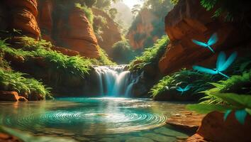 Waterfall Flowing Into Pool Surrounded by Rocks with Blue Dragonflies photo