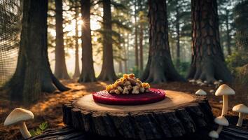 Food Presentation in Forest Setting with Mushrooms and Sunlight photo