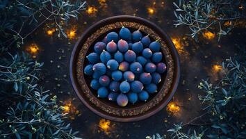 Bowl of Fresh Figs Surrounded by Olive Branches and Soft Lighting photo