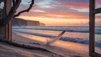 Feather on Beach Sand with Sea View Through Window at Sunset photo