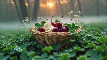 Cherries and Ice Cream in Basket on Clover Field at Sunset photo