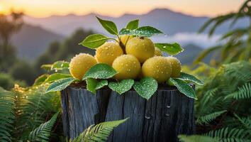 Yellow Fruits with Water Droplets on Tree Stump at Sunset photo