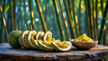 Durian Fruit on Wood Table with Bamboo Forest Background photo