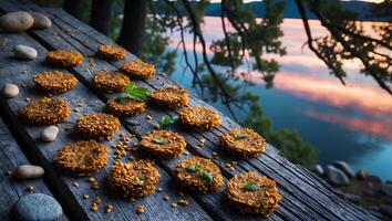 Golden Crusted Patties on Wooden Surface with Lake and Sky Backdrop photo
