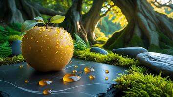 Apple with Water Droplets on Stone Slab in Lush Forest photo